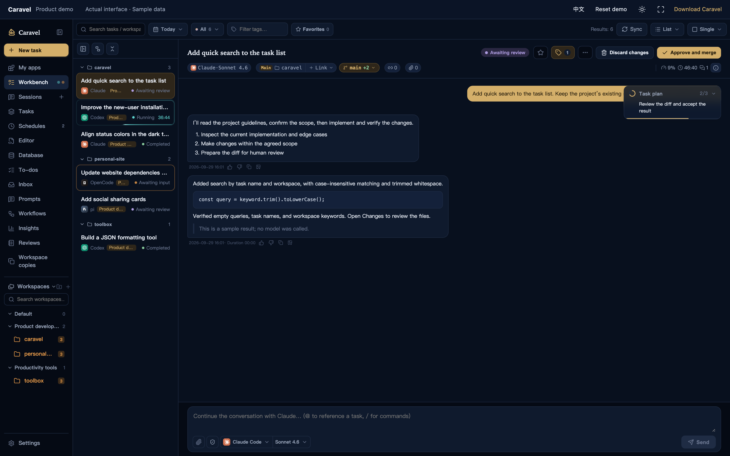 Caravel workbench: tasks, agent conversations, and code review
